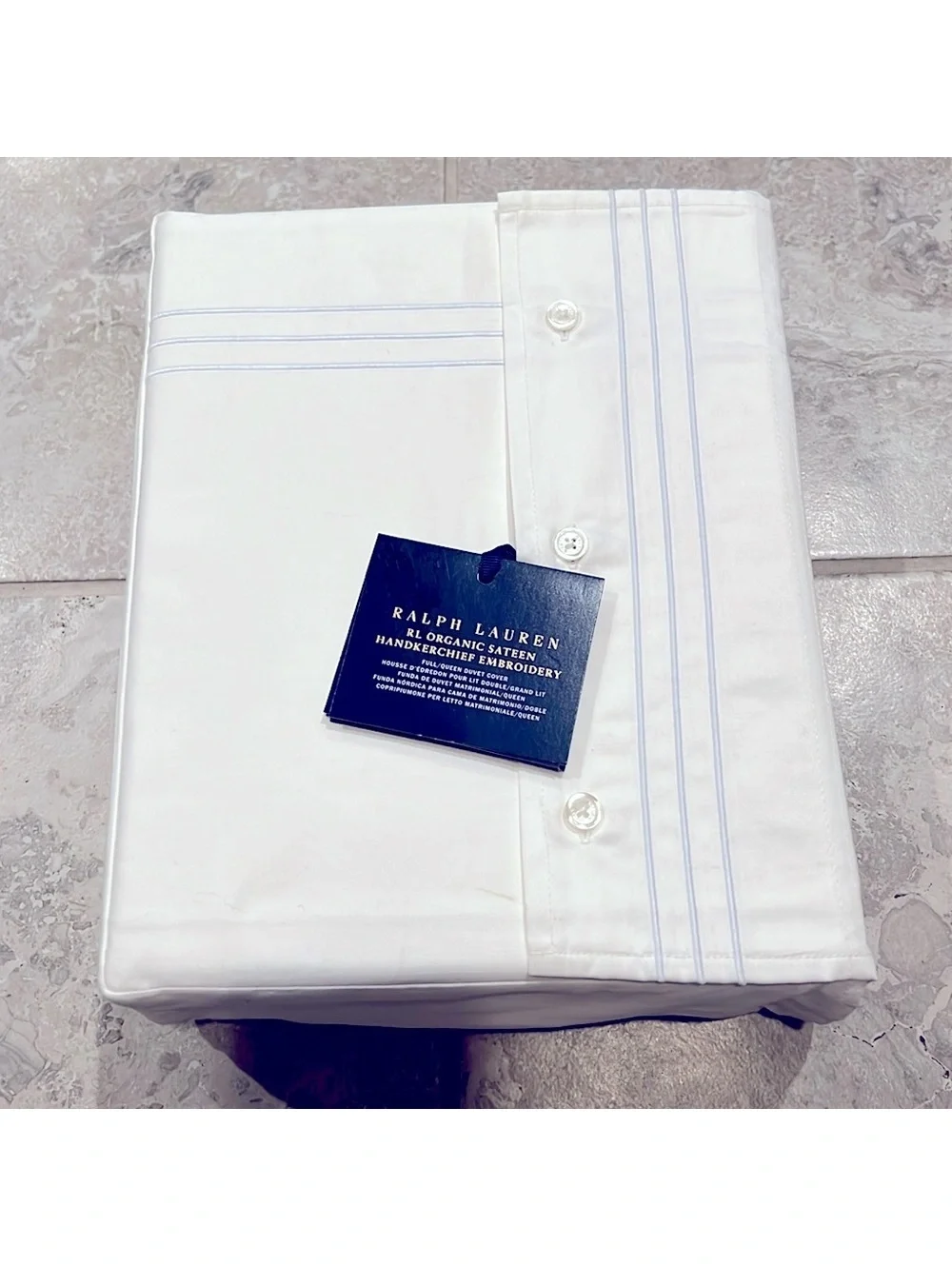 Ralph Lauren Organic Handkerchief Duvet Cover, Queen, White/Blue New w/Tag $500